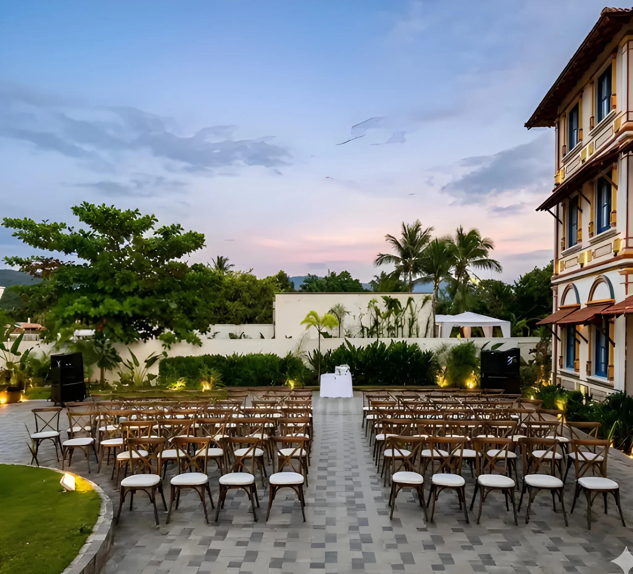 Bride and groom at a floral-decorated outdoor wedding ceremony